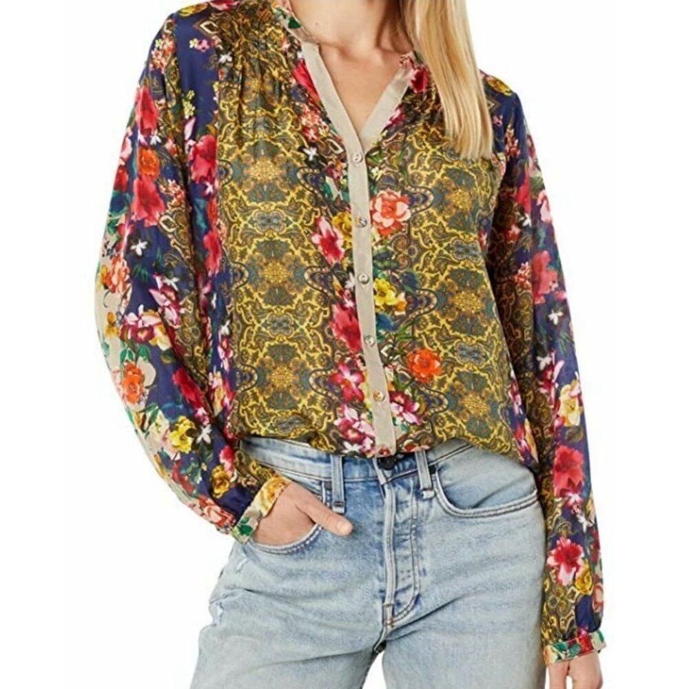 Johnny Was Floral Rosey Tate Silk Button Down Blouse Size Small